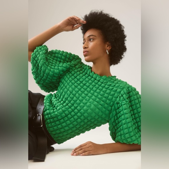 Anthropologie Eri + Ali Green Textured Puff-Sleeve Top XL - Picture 4 of 8